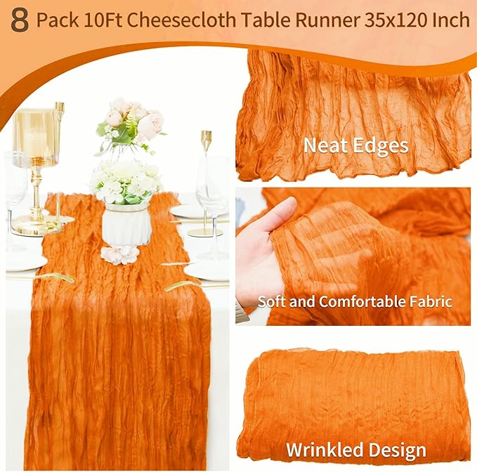 8 Pack Orange Cheesecloth Table Runner 10Ft Gauze Cheese Cloth Table Runner 35x120Inch Boho Table Runners for Wedding Banquet Event Anniversary Bridal Baby Shower Birthday Party Engagement Table Décor