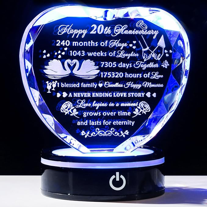 YWHL 20th Anniversary Crystal Heart Gifts for Wife Husband, Laser Engraved Romantic 20 Year Wedding Anniversary Crystal Keepsake Gifts for Her Him, 20 Years of Marriage Gift for Couples Friends
