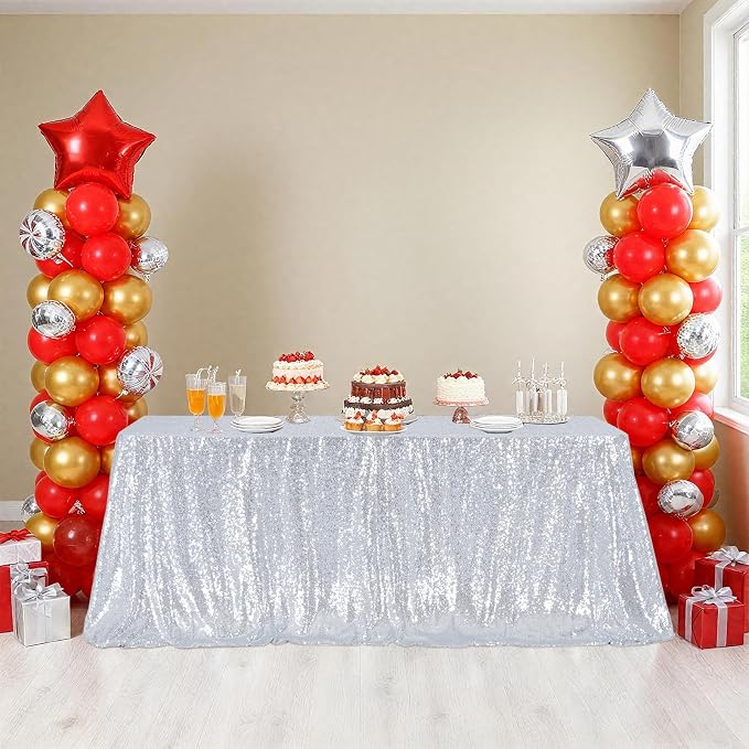 Poise3EHome Silver Sequin Tablecloth 50×80 Inch Rectangle Sparkly Fabric Table Cover Overlay for Birthday Wedding Party Christmas Holiday Baby Shower Cake Table Decoration