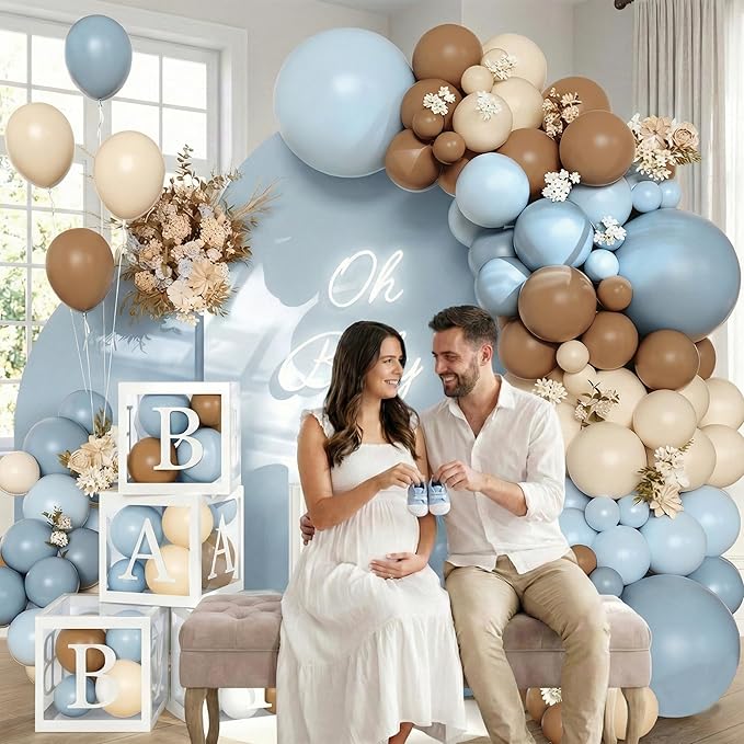 144Pcs Teddy Bear Baby Shower Decorations for Boy - We Can Bearly Wait Party Supplies - Blue Brown Balloon Garland Arch Kit with 4 Baby Boxes for Gender Reveal Backdrop, 1st Birthday