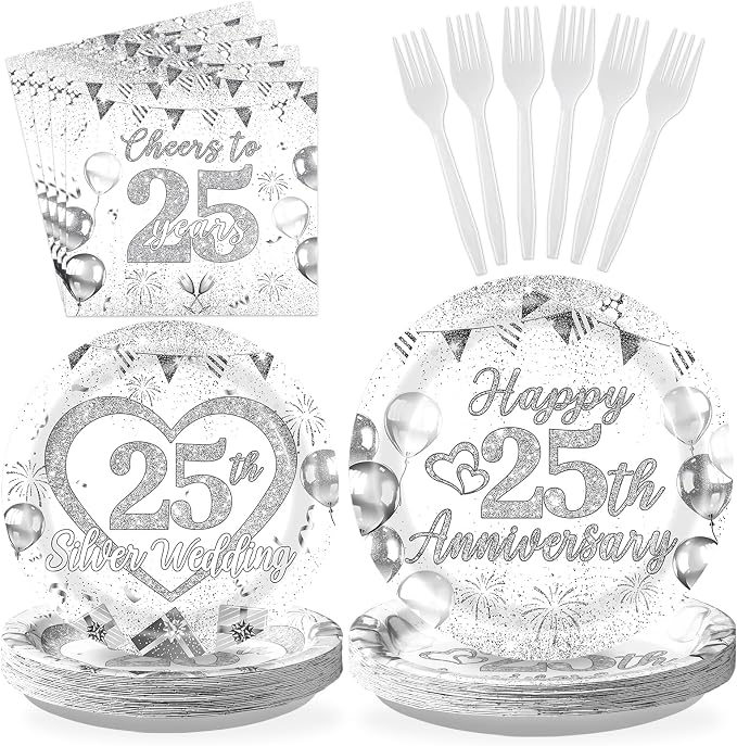Grencian 96Pcs 25th Wedding Anniversary Decorations Cheer to 25 Years Party Plates and Napkins Silver Glitter Tableware for Couple Husband Wife Silver Wedding Anniversary Decorations Serves 24
