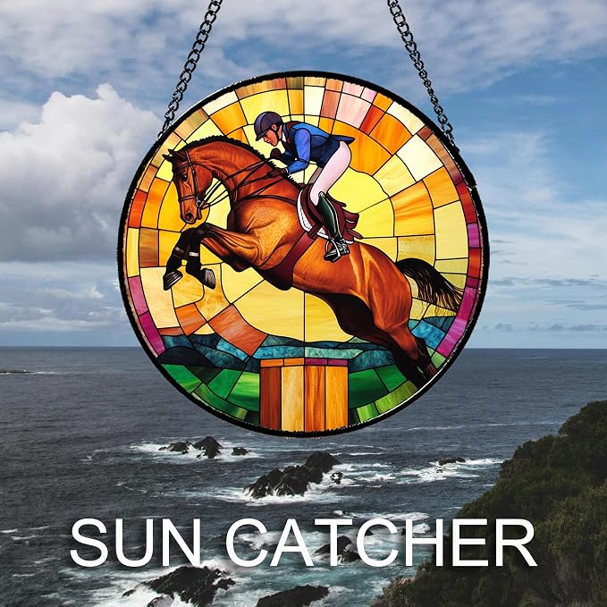 DASTOLL Stained Glass Window Hanging Equestrian Sports 7.8" - Horse Suncatcher Door Garden Sunroom Sun Catcher Home Decor Birthday Christmas for Mom Men Woman Nana