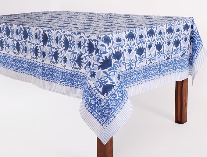 ATOSII Positano Blue 100% Cotton Rectangle Fall Tablecloth, Handblock Floral Linen Table Cloth for Dining Table I Parties Christmas Thanksgiving Grand Millennial Home Decor 72 X 140 Inches I 12 Seater