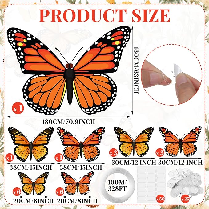 Tingjoo 21 Pcs Large Butterfly Decorations Kit 3D Monarch Butterfly Party Backdrop Decorations and 20 Pcs Hanging Butterflies Photo Booth Props for Baby Shower Wedding Garden Birthday Party