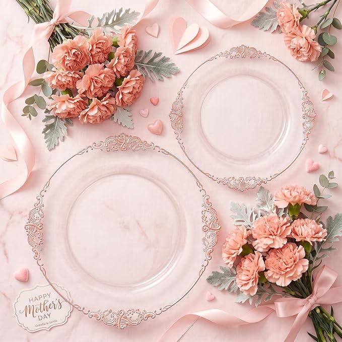 102PCS Rose Gold Plastic Plates - Clear Rose Gold Plate - Heavy Duty Disposable Plates - Fancy Disposable Dinner & Dessert Plate for 51 Guests for Party & Wedding & Mother's Day