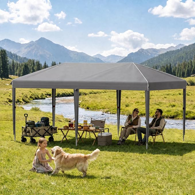 10x20 FT Portable Pop Up Canopy Tent with Sandbags, Adjustable Height Instant Gazebo, Outdoor Canopy for Camping, Parties, Vendor Events (Grey with Reflective Strip, 3m × 6m Without sidewalls)