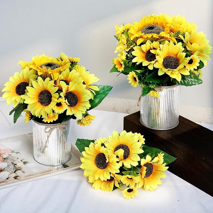 Artificial Sunflower Table Centerpieces - Set of 6 Faux Spring Summer Sunflowers Arrangements with Rustic Metal Vase for Kitchen Office Bathroom Home Farmhouse Wedding Party Decorations