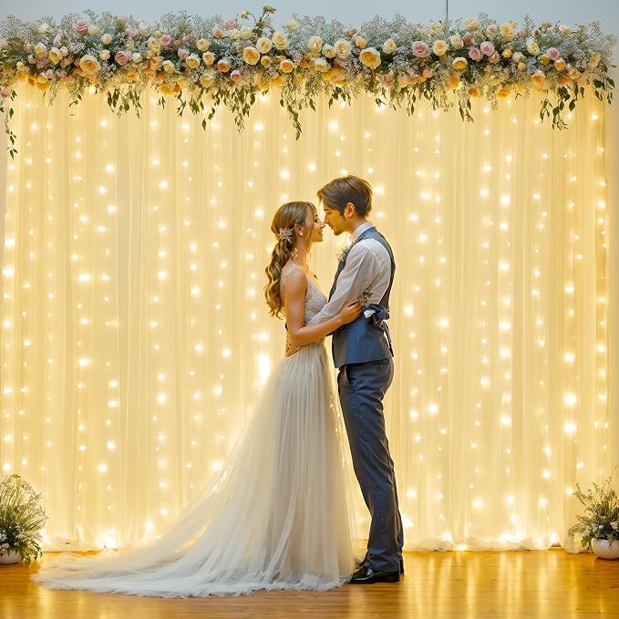10ft x 10ft Champagne Sheer Tulle Backdrop Curtains with Lights String for Party Wedding Wrinkle Free Curtain Backdrops Drape for Baby Shower Birthday Party Photo Back Drop Background Home Decorations