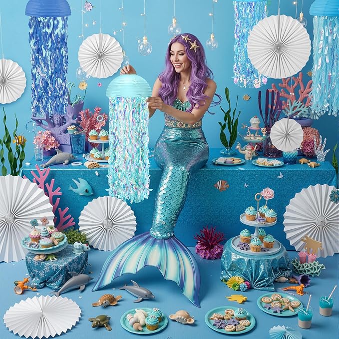 Teyva Daily 16 Pcs Hanging Jellyfish Decorations Jellyfish Paper Lanterns Folding Paper Fan Birthday Party Decor Colorful Beautiful Floating Sky Lanterns for Under The Sea Ocean Mermaid Party