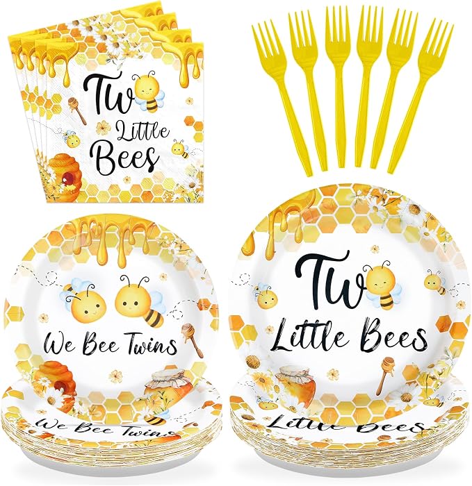 96Pcs Two Little Bees Party Supplies Bumble Bee Twins Theme Plates and Napkins Tableware Sets We Bee Twins Party Decorations for Bees Twins Baby Shower 2nd Birthday Decorations Serves 24