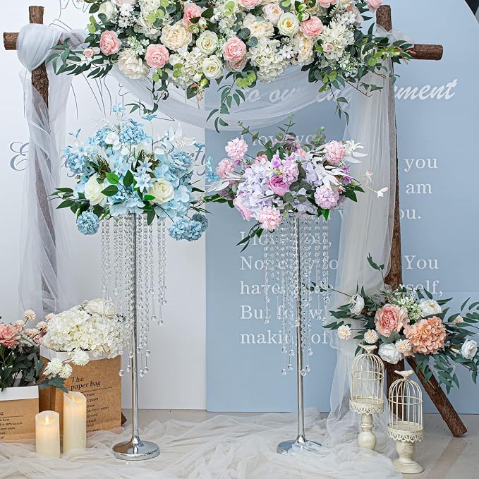 Bigsee 10 Pcs 29.5 inches Crystal Flower Stand Wedding Centerpieces for Tables, Tabletop Silver Metal Flower Arrangement Holder, Elegant Bulk Metal Vases for Reception Ceremony Decoration