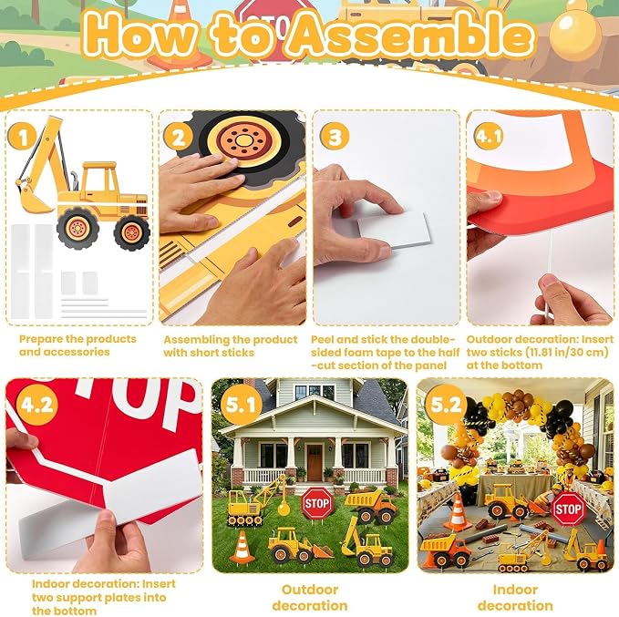 6 Pcs Large Construction Party Decorations, Truck Themed Cardboard Cutouts Standup, Excavator Traffic Cone Stop Yard Sign for Construction Birthday Baby Shower Indoor Outdoor Photo Prop