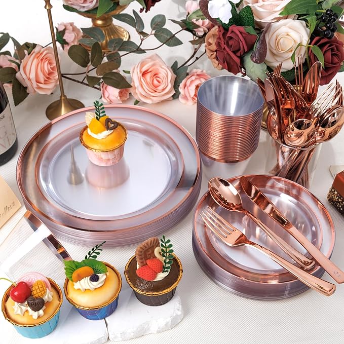 bUCLA 600PCS Clear Rose Gold Plastic Dinnerware Set Disposable - Include 100 Dinner Plates, 100 Dessert Plates, 100 Knives, 100 Forks, 100 Spoons, 100 Cups for Party, Wedding & Mother's Day