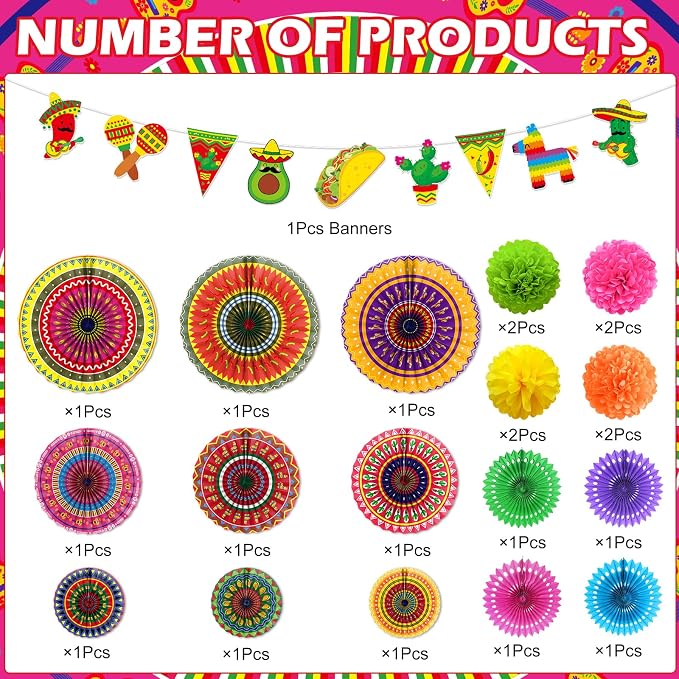 Rakuto Fiesta Party Decorations Set, 18PCS Mexican Taco Theme Colorful Banners and Paper Fans Birthday Decorations, Cinco De Mayo Paper Pom Poms Decor for Wedding Rainbow Party Supplies