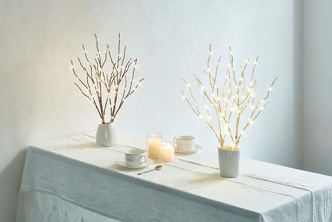Fudios Lighted Birch Branches 18IN 70 Warm White LED with Timer Twig Lights Battery Operated for Christmas Wedding Party Decoration(2 Set)