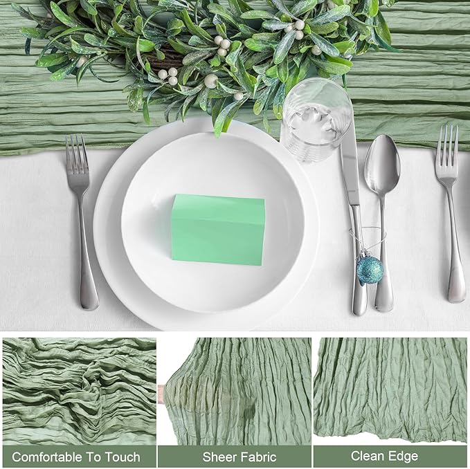 Foaincore 12 Pack Cheesecloth Table Runner 13ft Boho Gauze Table Runner Rustic 157" Long Cheese Cloth Romantic for Wedding Bridal Baby Shower Arbor Decor(Green)