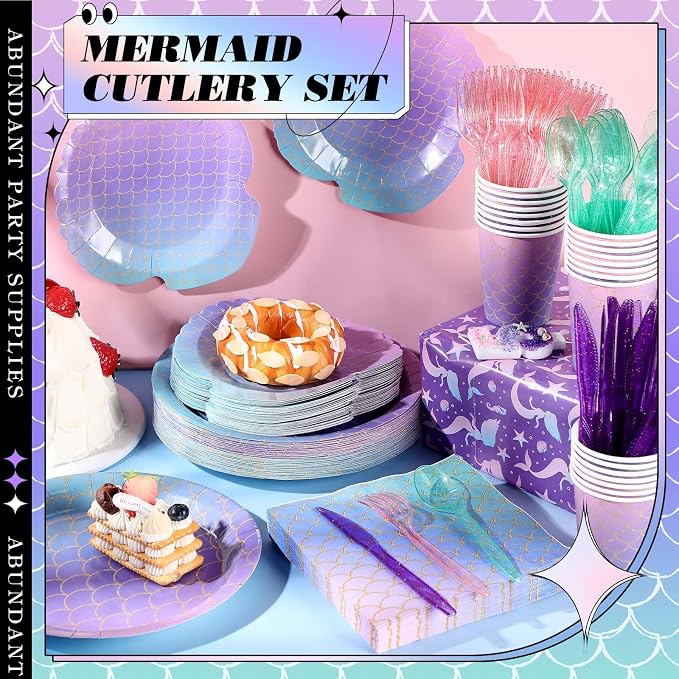 Blushtier 350 Pcs Mermaid Party Supplies Mermaids Themed Decorations Under the Sea Disposable Dinnerware Set Includes Plates Napkins Cups Spoons Fork Knives for Birthday Party (Multicolor)