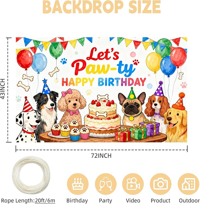 Let's Paw-ty Happy Birthday Themed Backdrops Puppy Dog Birthday Polyester Fabric Party Banner for Puppy Bday Party Photo Booth Birthday Party Decorations 71X44Inch
