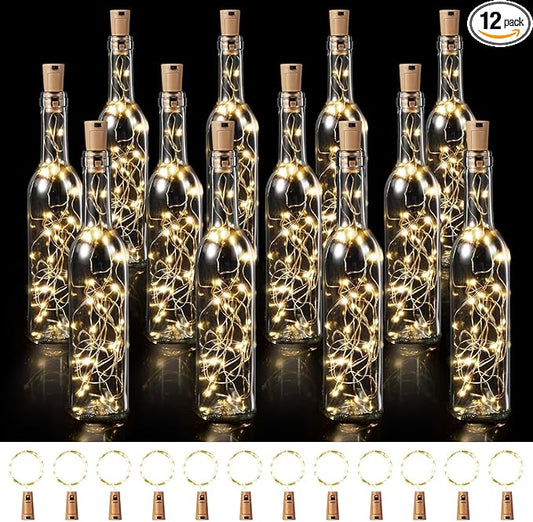 Rtteri 12 Sets Small Empty Wine Bottles with Cork Lights Centerpiece and 30 LED Battery Operated Cork Lights for Birthday Wedding Party Decoration(375 ml,Warm White)