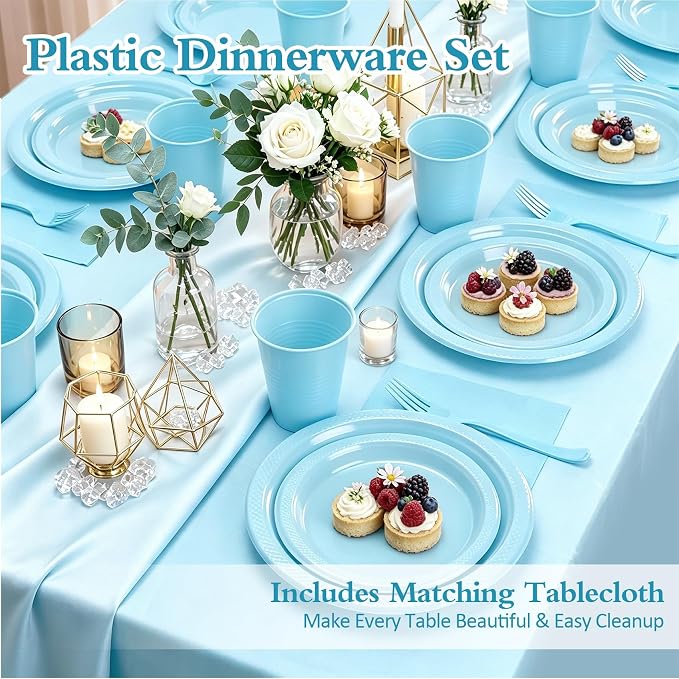 Light Blue Plastic Plates for Party,30 Guest Disposable Blue Party Supplies Including Dinner&Dessert Plate,12oz Cups,Cutlery,Napkins & Tablecloth Dinnerware Decorations for Baby Shower Birthday