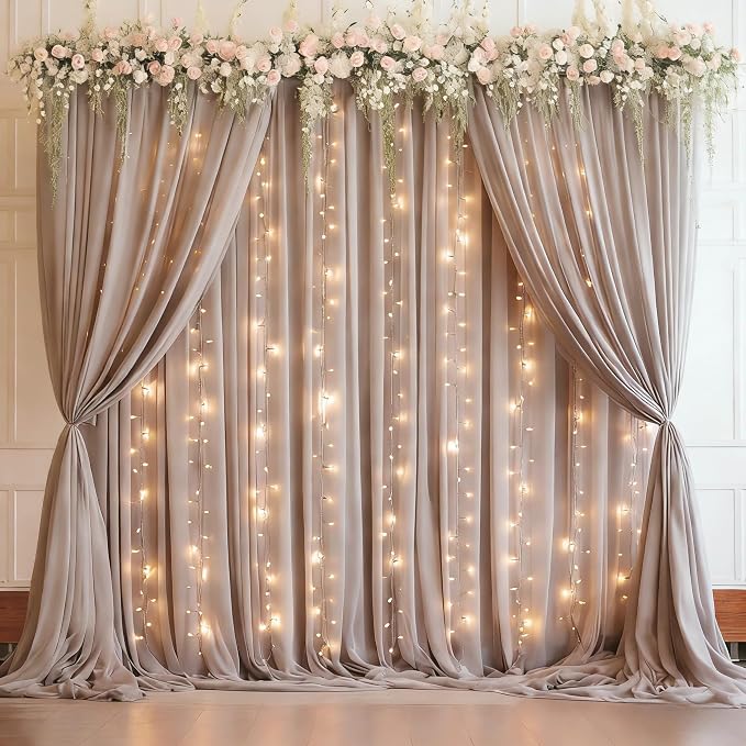 Wish Care 10ft x 10ft Dusty Khaki Chiffon Backdrop Curtain with Lights String for Parites Wedding Wrinkle Free Curtain Photo Backdrops Drapes for Baby Shower Birthday Party Home Decorations