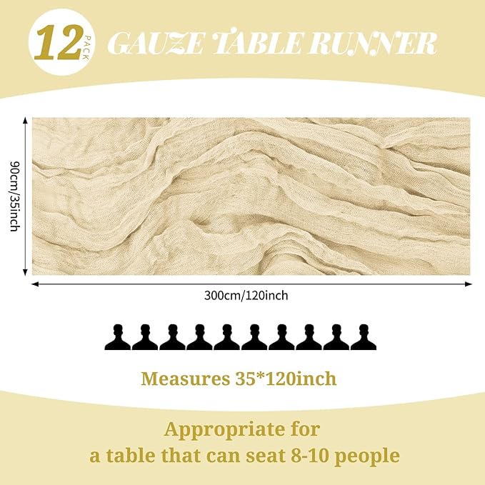 12 Pack 10Ft Ivory Cheesecloth Table Runner 35 x 120 inch Boho Gauze Cheese Cloth Table Runner Vintage Rustic Sheer Runners for Wedding Bridal Shower Birthday Party Cake Table Decorations