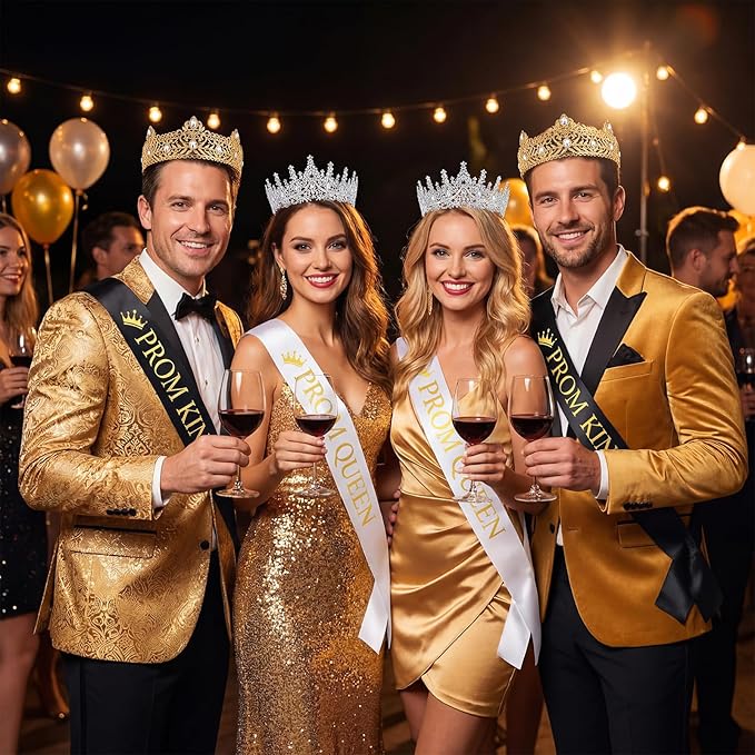 Retrowavy 4 Pcs Prom King and Queen Crown Set with Sashes Prom King Queen Sash and Tiara Set for 2026 Grad Birthday Carnival Wedding Costume Accessories(Gold,Silver)