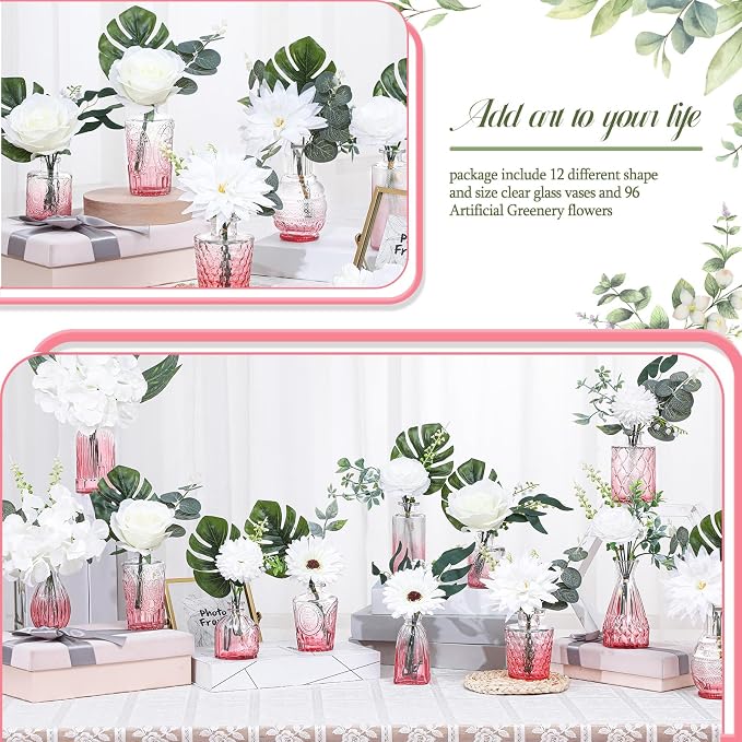 FoldTier 108 Pcs Artificial Flowers in Vase 96 Pcs Faux Greenery Stem Table Centerpiece Fake Plants Silk Roses Arrangement 12 Pcs Glass Vase Sets for Wedding Bathroom Home Dining Decor(White Pink)