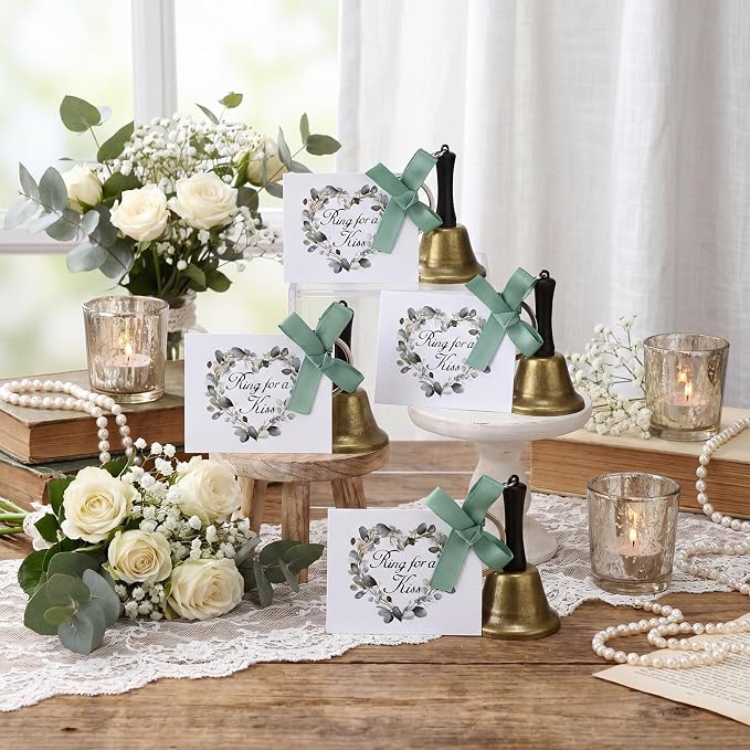 Lounsweer 36 Set Eucalyptus Wedding Bells Bulk Ring for a Kiss with Tags Sage Green Ribbon Kissing Bells for Wedding Reception Decorations Goodies Bags Party Supplies