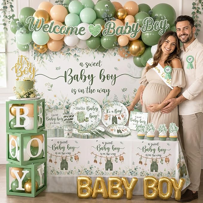 Baby Boy Shower Decorations,267pcs Baby Shower Decorations Green Plates and Napkins Cups Banner Backdrop Tablecloth Cake Topper Balloon for Sweet Baby Boy Baby Shower Decorations