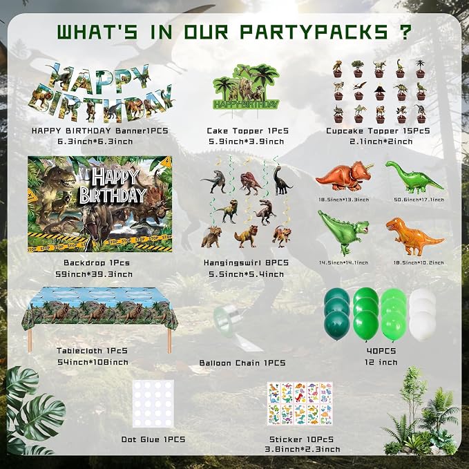 Dinosaur Birthday Party Decorations, 173 PCS Dino Party Supplies | Tableware Serves 10, Banner, Backdrop, Tablecloth, Cake Toppers, Balloons, Hanging Swirls, Stickers for Party Decor