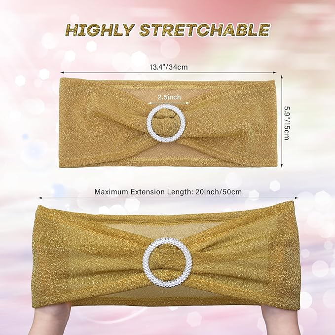 SquarePie Pack of 100 Gold Chair Sashes Bows with Buckle Slider Universal Elastic Spandex Bands Ties for Banquet Event Decor