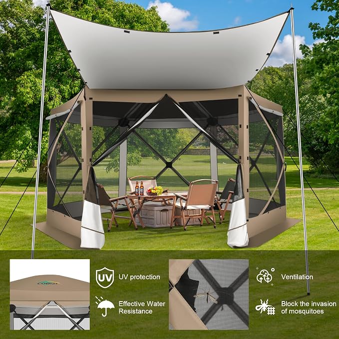 COBIZI 12x12 FT Pop Up Canopy Extendable Tent, Gazebos On Clearance with Removable Roof, Screened in Gazebo with sidewalls, Screen Tents Portable carpas para Patio for Outdoor Camping,Backyard,Khaki