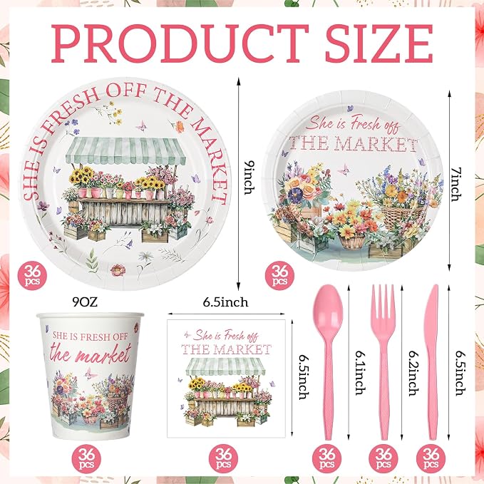 Yungyan 252 Pcs She Is Fresh off the Market Bridal Shower Party Tableware Set Included Plates Napkins Cups Forks Knives Cutlery for Party Decorations Supplies 36 guests