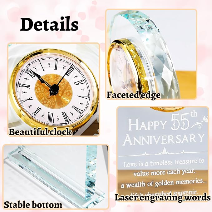 YWHL 55th Wedding Anniversary Quartz Clock Gifts for Couples, 55 Year Anniversary Glass Keepsake Gift for Parents Grandparents, Table Clock 55th Anniversary Party Decoration (Battery not Included)