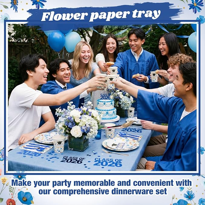 400 Pcs Class of 2026 Blue Floral Graduation Decoration for 50, Royal Navy Blue Gold Graduation Paper Plates Napkin Cup Cutlery Wildflower Grad Tableware for 2026 Congrats Grad Party Supply