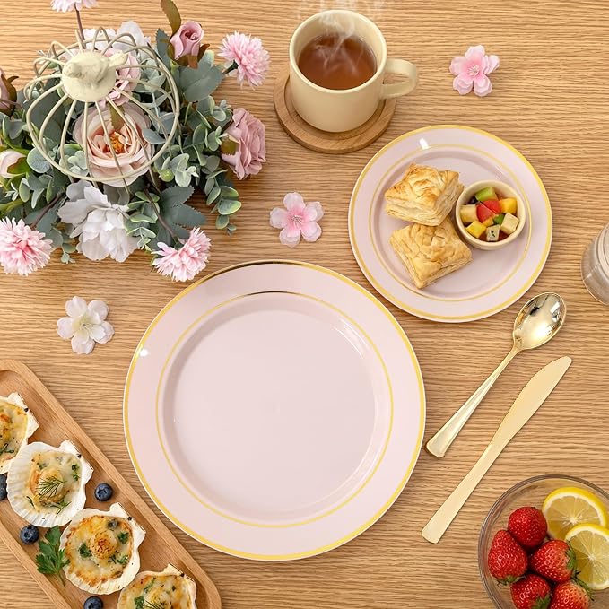 WDF Partyware 175PCS Pink plastic Plates - Pink Disposable Plates 25Guests Disposable Dinnerware Sets with Rolled Napkins for Wedding/Birthday/Baby Shower