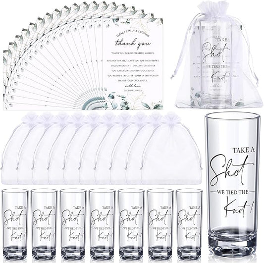 Sliner 150 Set Wedding Favors for Guests Bulk 2oz Acrylic Take a Shot We Tied the Knot Shot Glasses with Thank You Cards Organza Bags for Guest Souvenir Wedding Bridal Shower Gifts (Clear,Black)