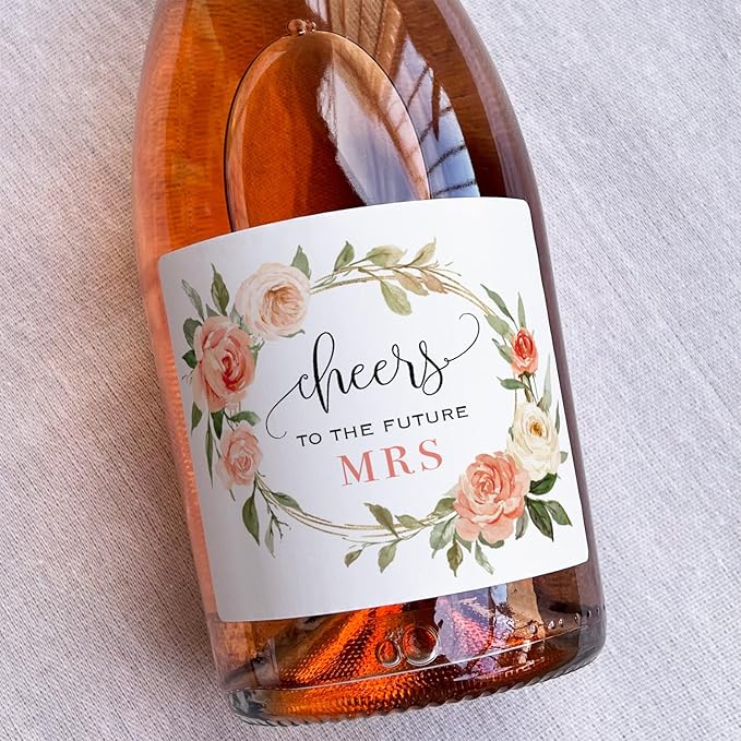 Cheers to The Future Mrs. - 6 Champagne Bottle Labels, Waterproof Wine Bottle Labels for Bridal Shower Bachelorette Party (Peach Floral, 6 Regular Bottle Labels)