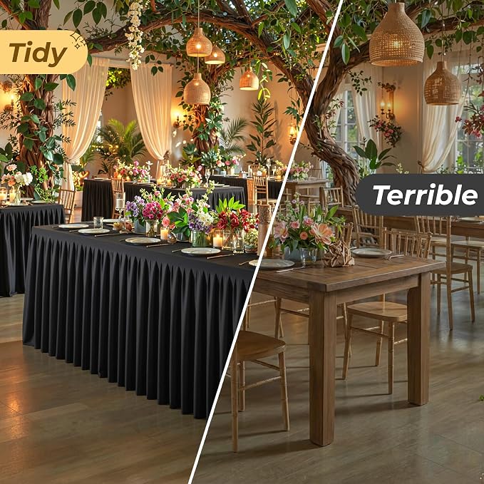 Black Polyester Table Cloths for Rectangle 6 Foot Tables, 1 Pack Wrinkle Free Tablecloths Stretchy Banquet Ruffle Fitted Table Cover Desk Skirt for Parties Wedding Birthday Baby Shower