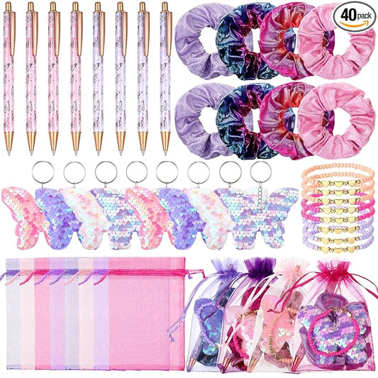 Honoson 40 Pcs Butterfly Party Favors Butterfly Fairy Birthday Decorations Include 8 Glitter Pens 8 Shiny Scrunchies 8 Keychains 8 Bracelets 8 Goodie Bags for Piñata Supplies
