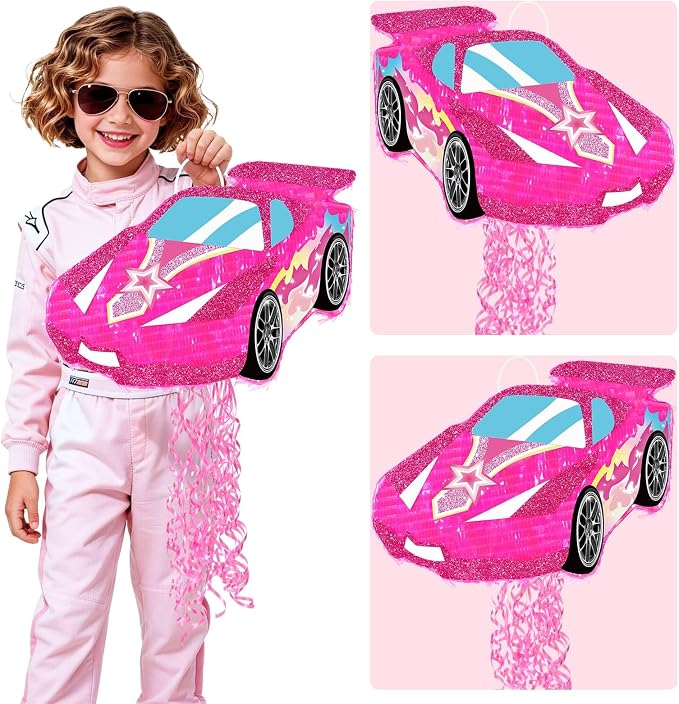 WERNNSAI Pink Racing Car Piñata for Girls - Princess Dollhouse Party Supplies Piñata Bundle with Blindfold and Bat for Kids Racing Car Theme Birthday Party Game Decorations (12.4" x 16.5" x 2.9")