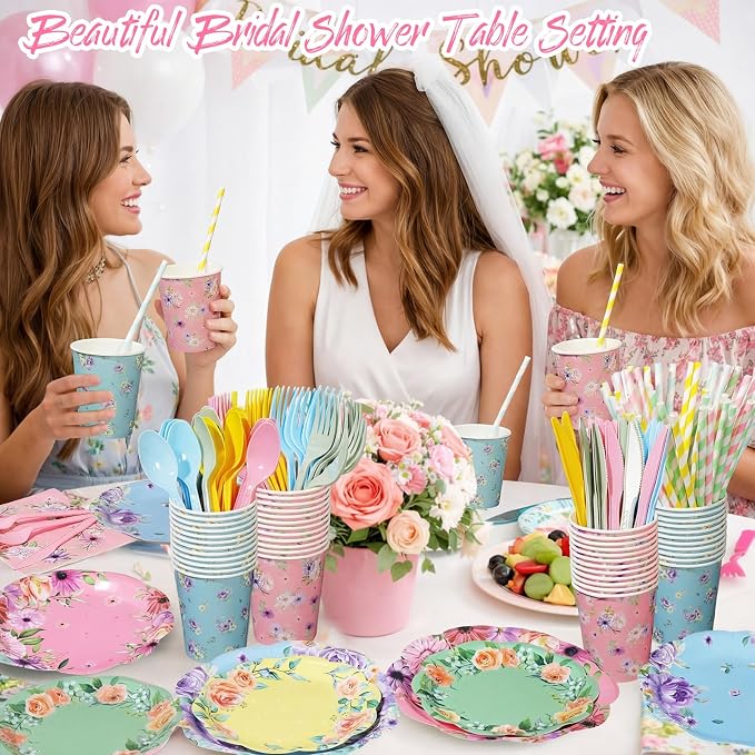 450 Pcs Floral Tea Party Tableware Set Decorations Scalloped Flower Paper Plates Napkins Cups Cutlery Straws for Pastel Garden Baby Bridal Shower Wedding Birthday Party Supplies, Serves 50