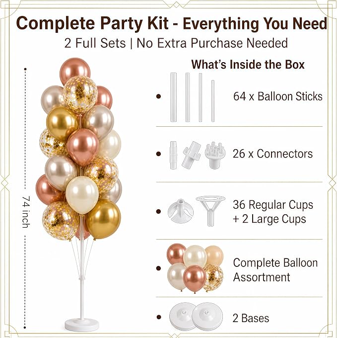 Balloon Column Kit Set of 2 With Balloons Included - with Base, and Pole,Balloon Tower Backdrop Decoration for Wedding, Baby Shower, Birthday Party, or Bachelorette Parties (Rose Champagne Gold)