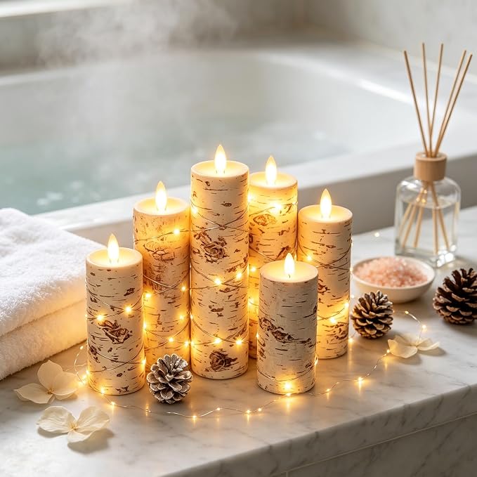 Da by 5 Pack Birch Bark Real Wax Flameless Taper Candles, Lifelike Flickering LED Candles with Copper String Lights, Battery Operated Candles with Remote for Farmhouse Wedding Home Decor
