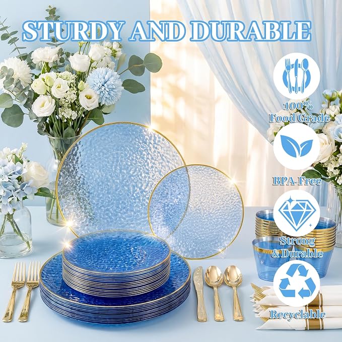 175PCS Blue Plastic Plates for 25 Guests, Disposable Plates for Party, Heavy Duty Disposable Plate Set Include: 25 Dinner Plates, 25 Dessert Plates, 25 Cups and Cutlery for Wedding & Party