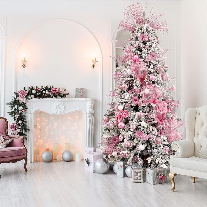 CristBest 30ct Christmas Ball Ornaments-60mm/2.36" Shatterproof Clear Plastic Xmas Balls Baubles Set with Stuffed Delicate Sparkling, Hanging Christmas Tree Decorations(Pink)