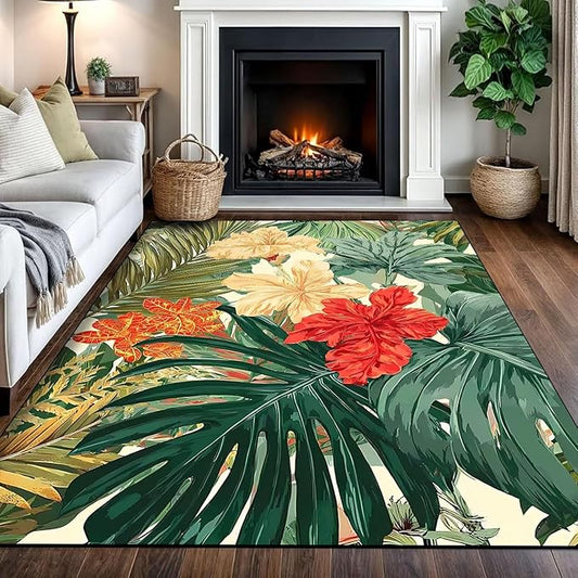 5' x 7' Tropical Hawaiian Plant Area Rug Palm Leaf Hibiscus Living Room Carpet Nature Forest Floor Mat Doormat for Kids Dining Room Bedroom Playroom Laundry Nursery