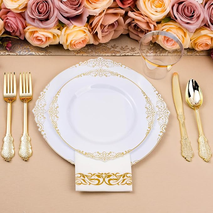 Bestluck 350PCS White and Gold Plastic Plates for 50 Guests, Disposable Dinnerware Set Includes 100 Disposable Plates, 150 Gold Silverware, 50 Cups, 50 Napkins for Party, Wedding