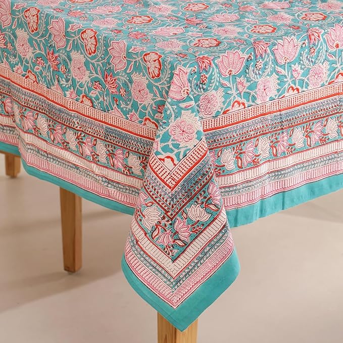 Hand Block Printed Tablecloth, Colorful Floral Print, Indian Artisan Handmade Art, Dining Room, Kitchen, Outdoor Décor, (Green Delight, 12 Seater 72 x 135 Inches Rectangle)